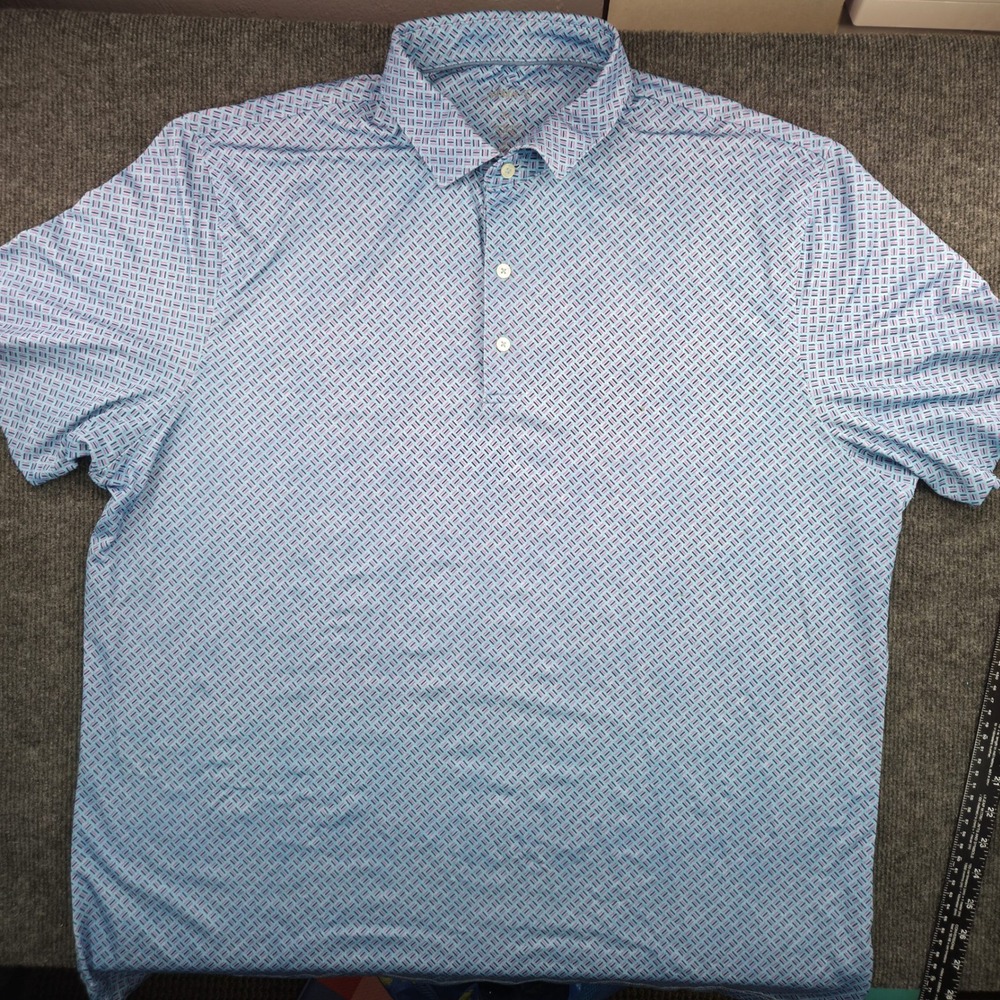 Johnnie-O Mens XL Blue Performance Polo Spandex Geometric Golf Shirt SS